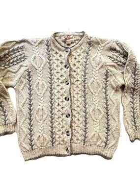 Vtg Women's Woolrich Wool Blend Natural Cream & Gray Button Knit Cardigan sz M